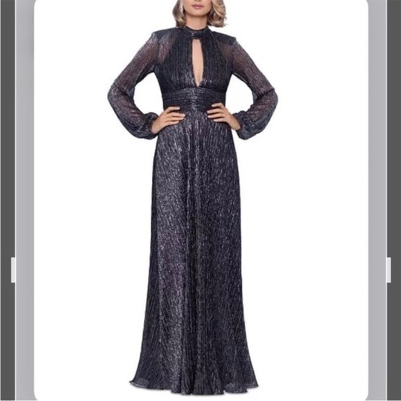 Betsy & Adam Dresses & Skirts - BETSY & ADAM Metallic-Threaded Front-Cutout Sheer Long Sleeve Gown Black/Silver